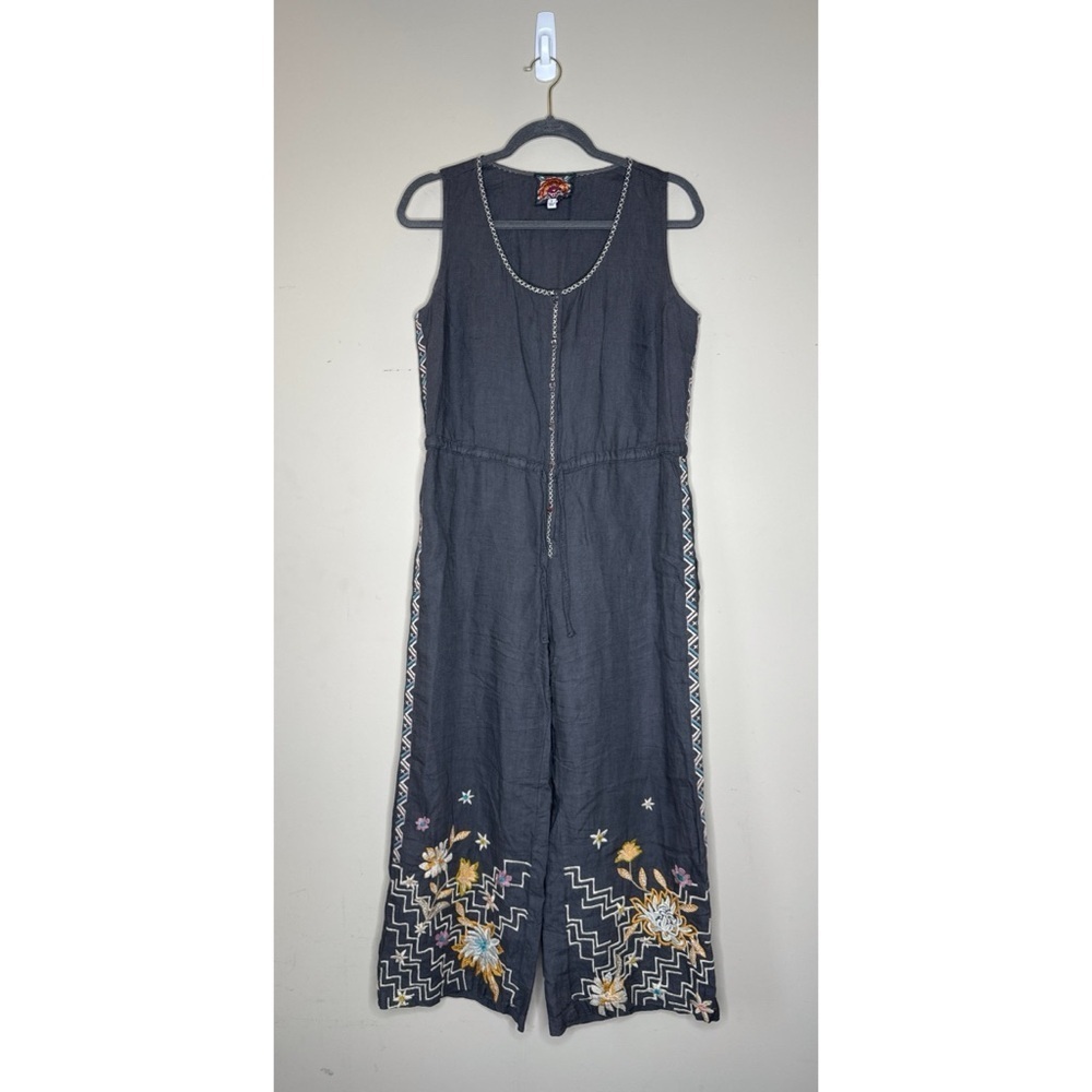 Johnny Was Elia Embroidered Linen Tie Waist Jumpsuit Gray Size Small